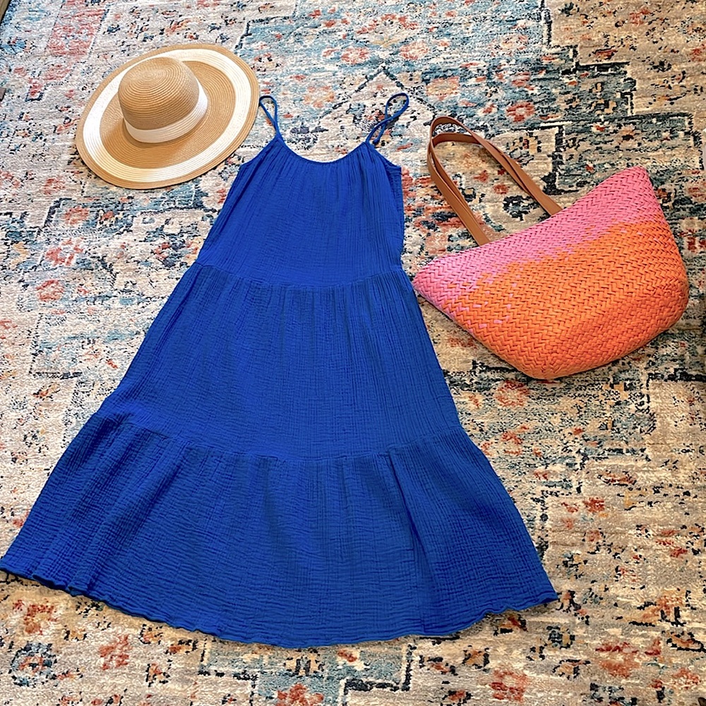 H&M Cobalt Blue Tiered Gauze Midi dress Crinkle Cotton Sundress Royal XS